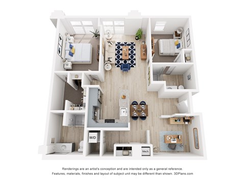 A 3D floor plan of a two bedroom and two bathroom apartment with a den